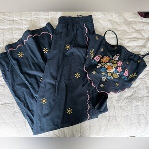 Floral Embroidered Navy Skirt and Top Set